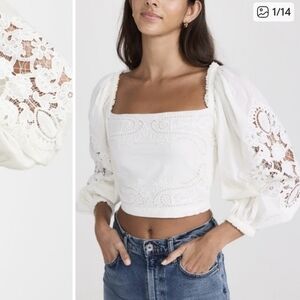 Farm Rio Women's Off White Eyelet Blouse Square-Neck Puff Sleeve Top Size XS